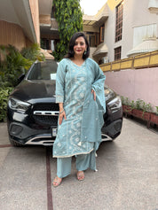 Women'S Sky Blue Premium Embroidery Roman Silk Kurta Set(set of 3)