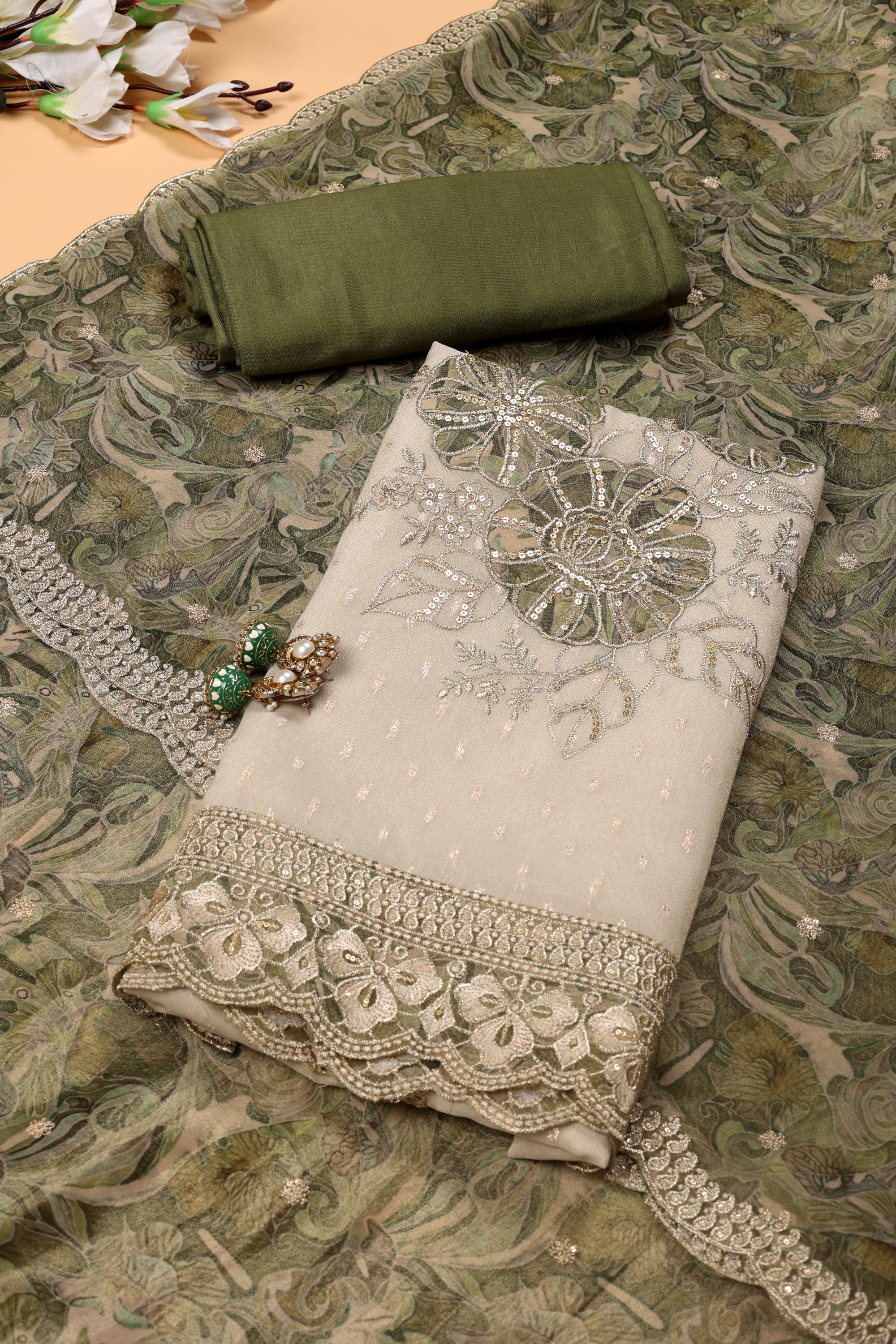 Shimmer Silk Floral Work Suit