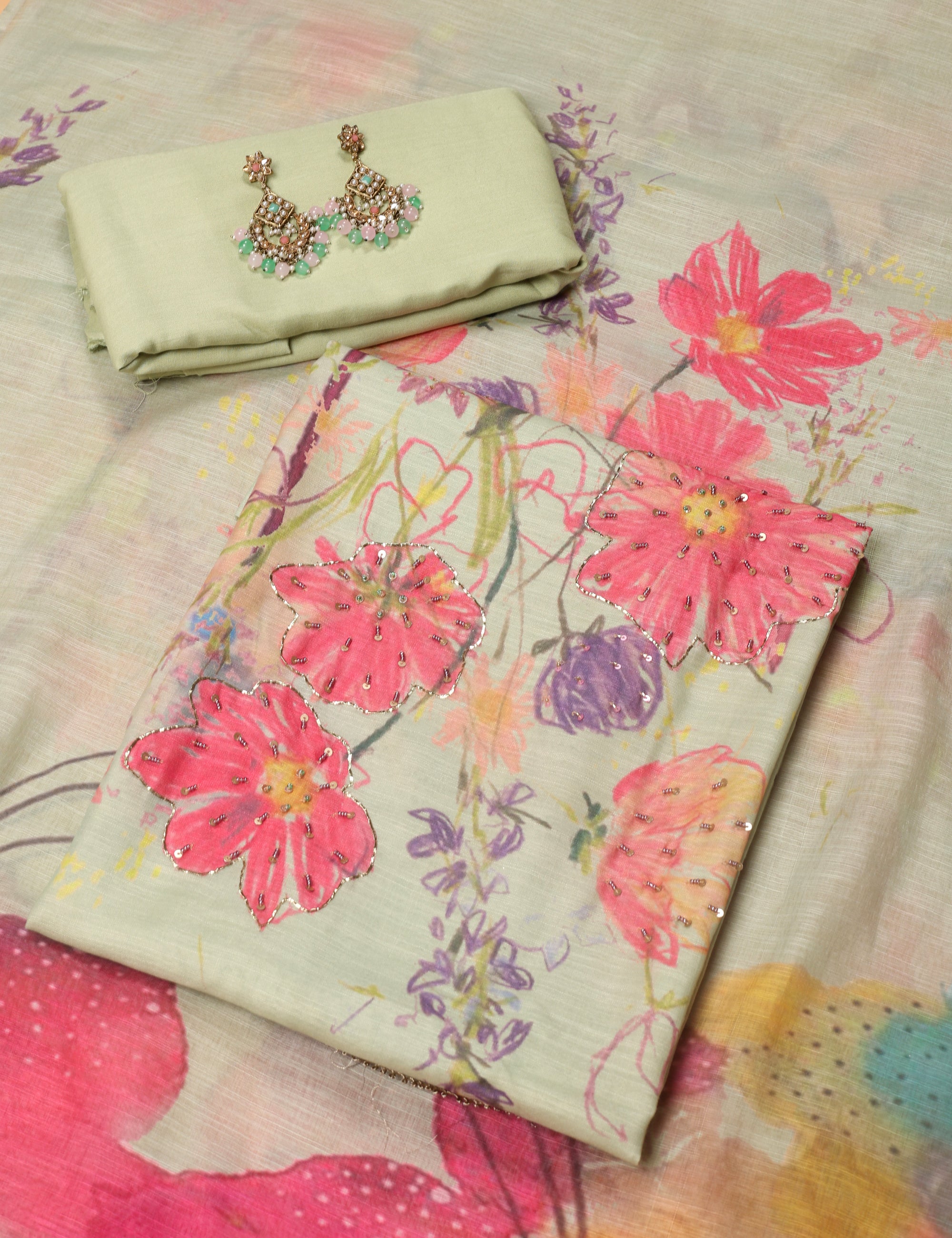 Self Floral Printed Sequence Suit