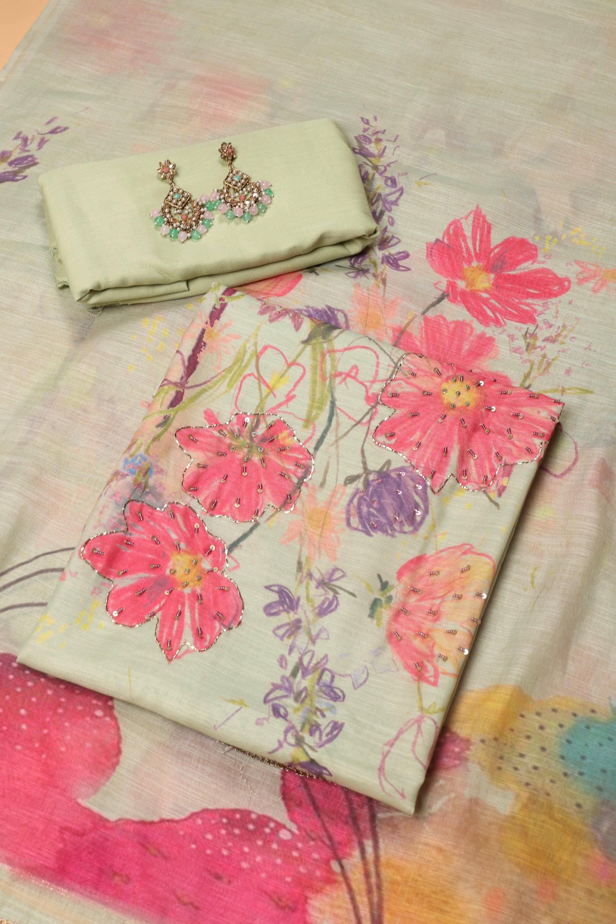 Self Floral Printed Sequence Suit