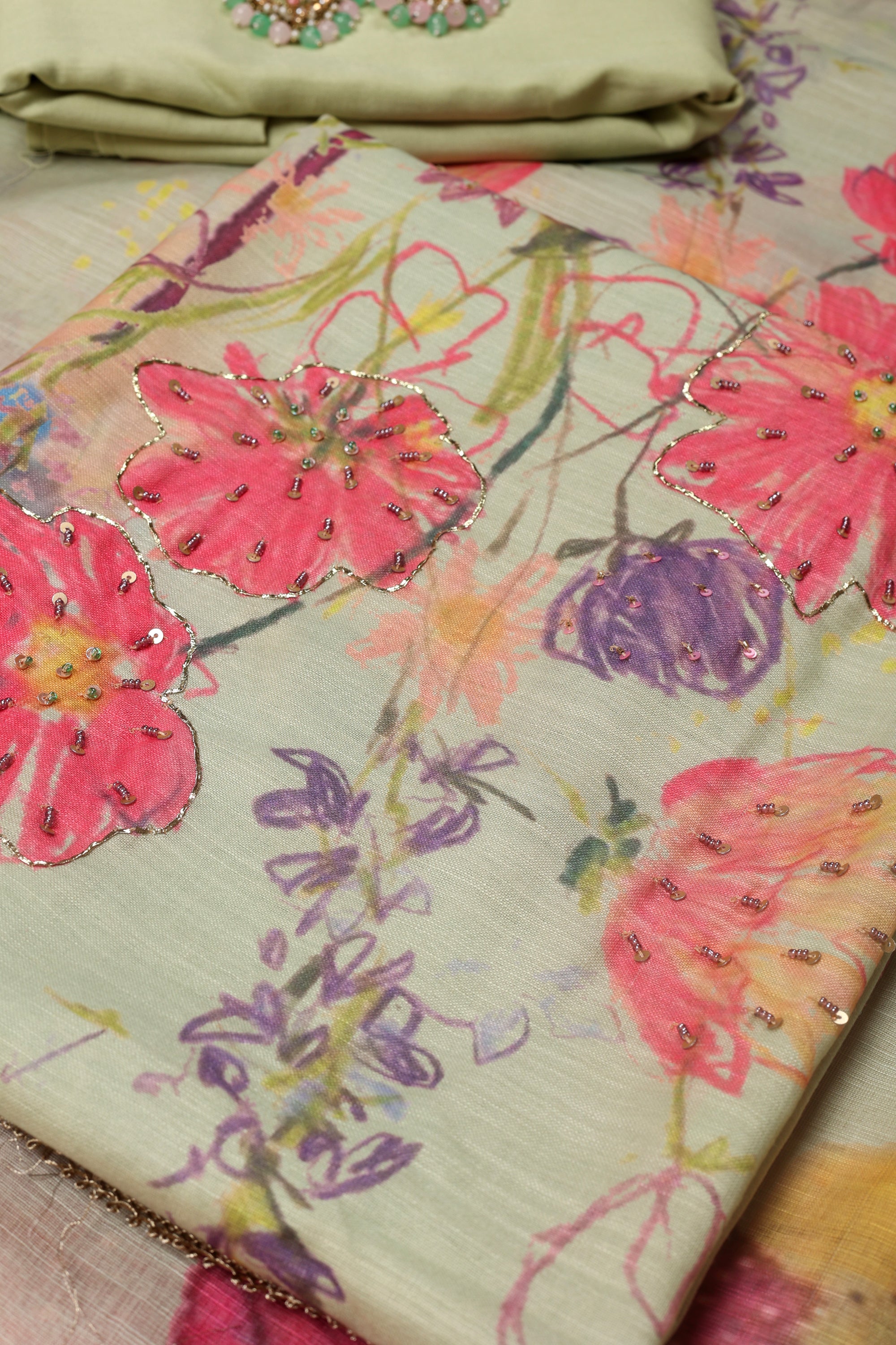 Self Floral Printed Sequence Suit