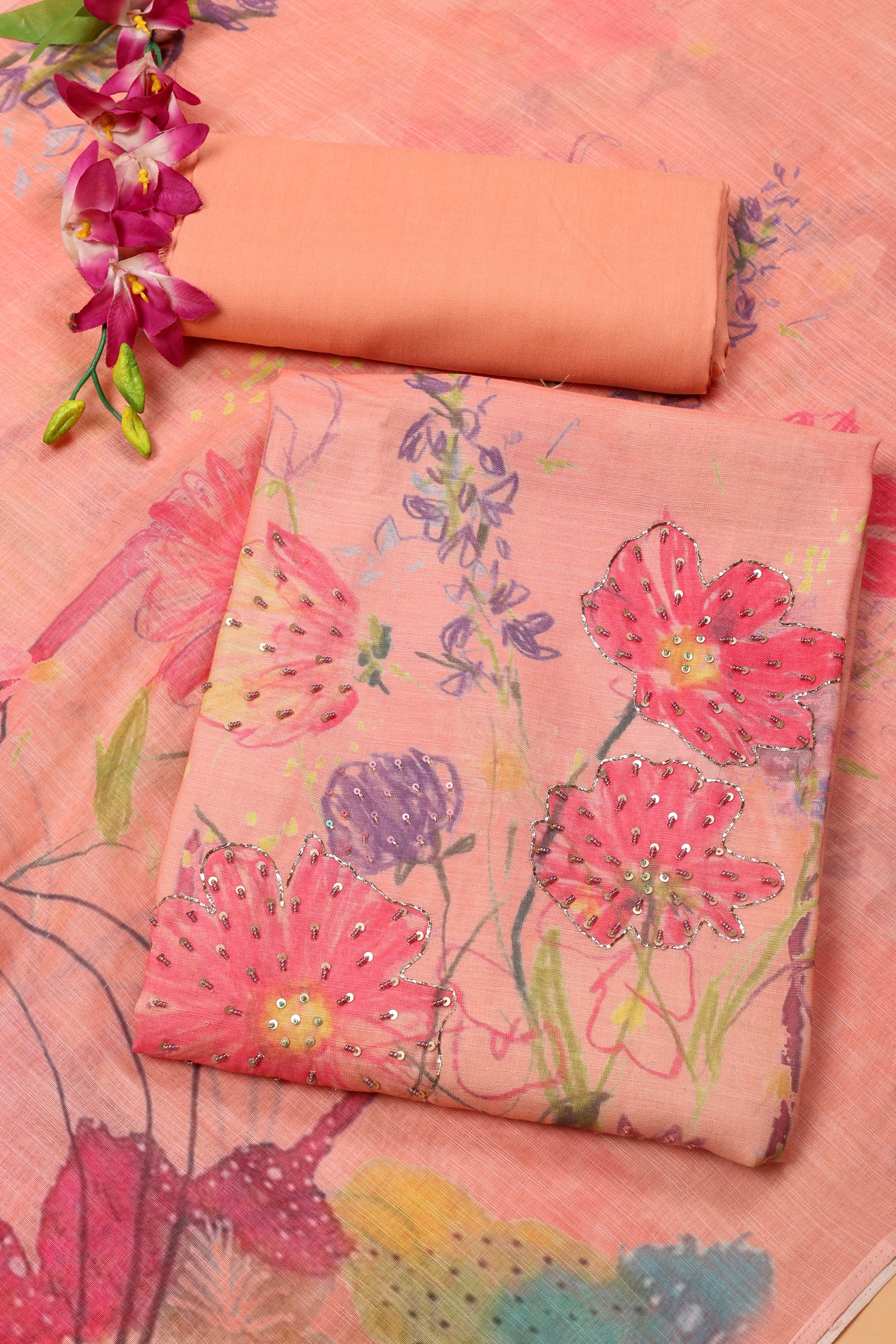 Self Floral Printed Sequence Suit