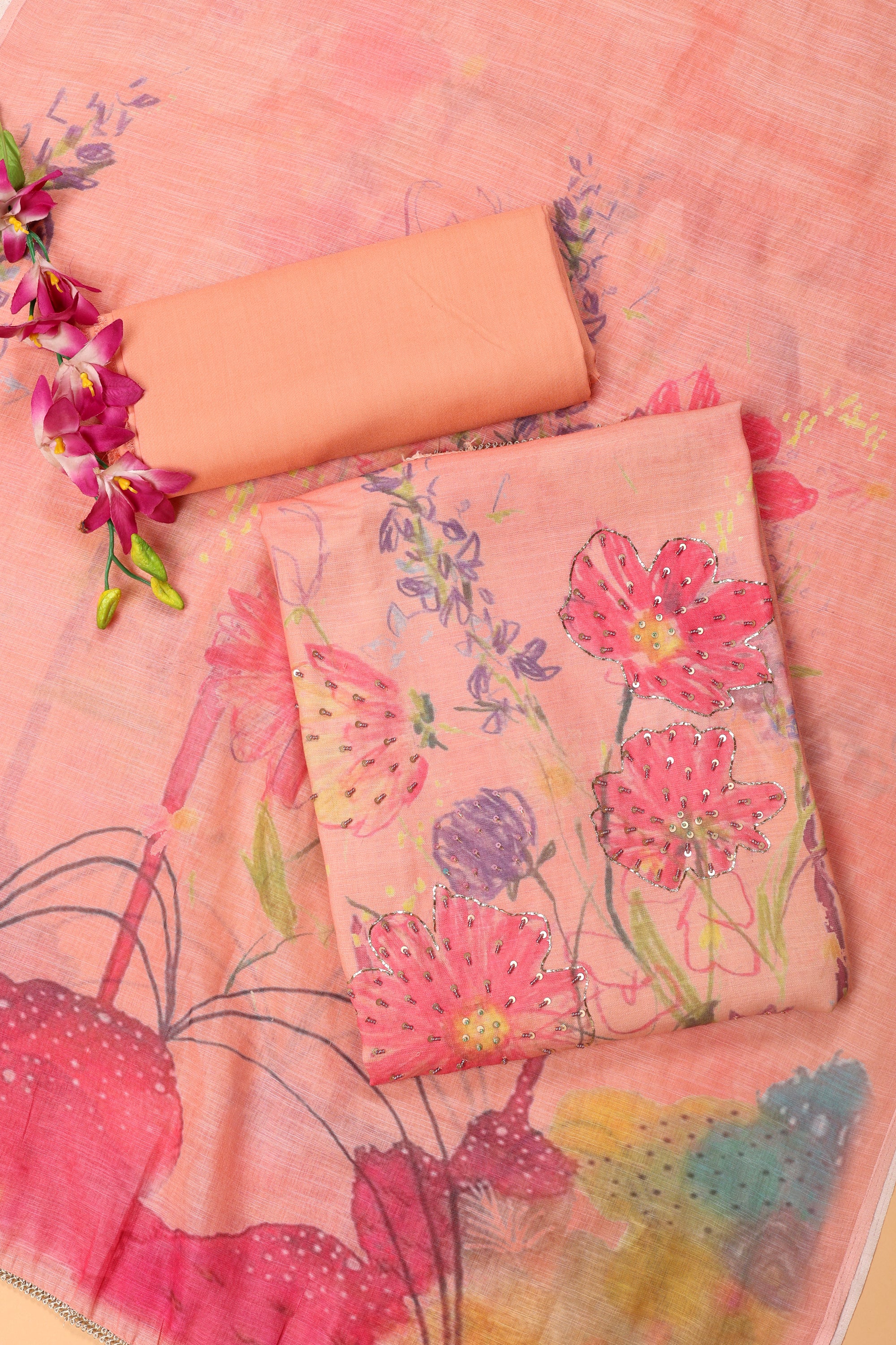 Self Floral Printed Sequence Suit