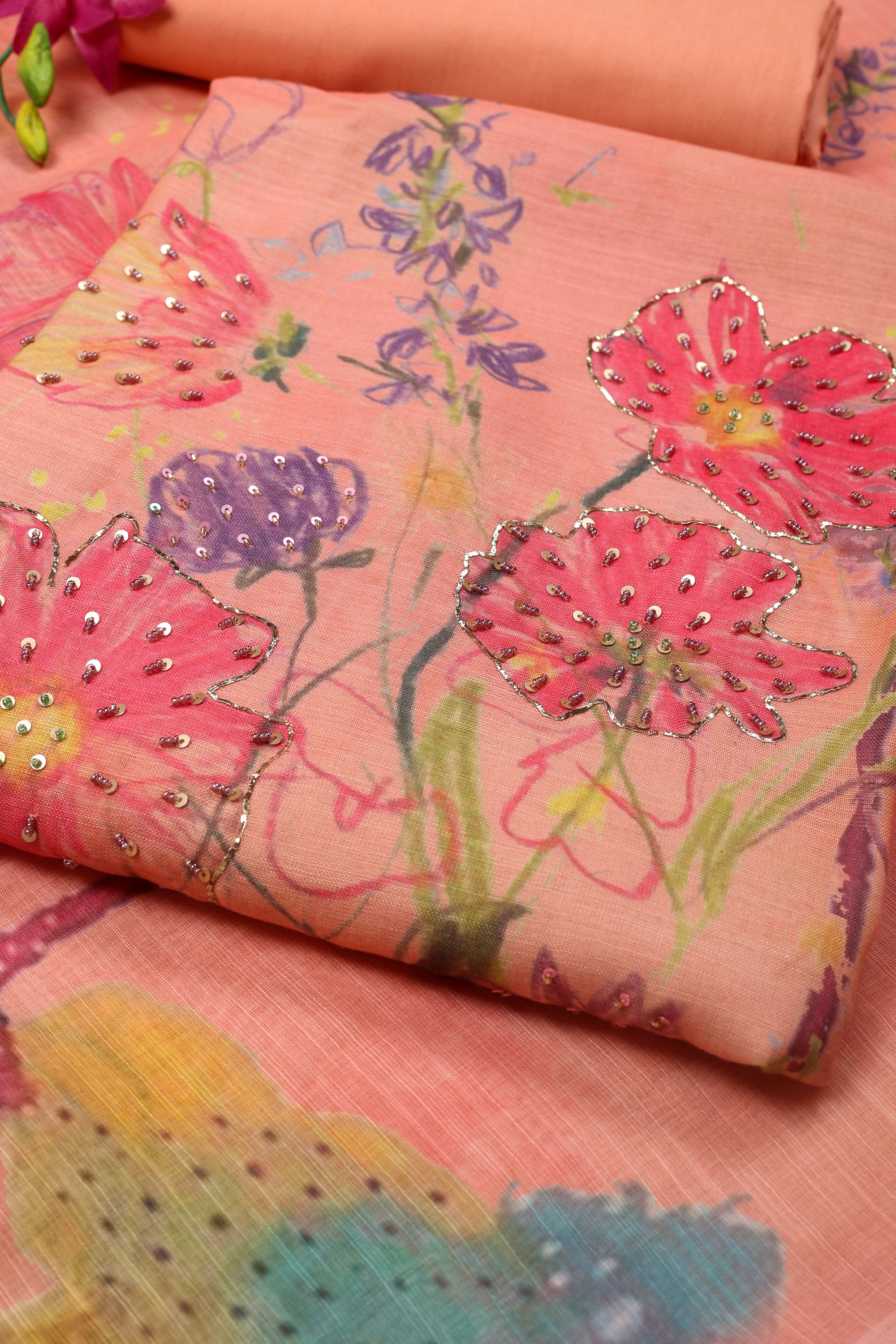 Self Floral Printed Sequence Suit