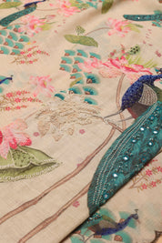 Beautiful Peacock Print Tissue Linen Suit
