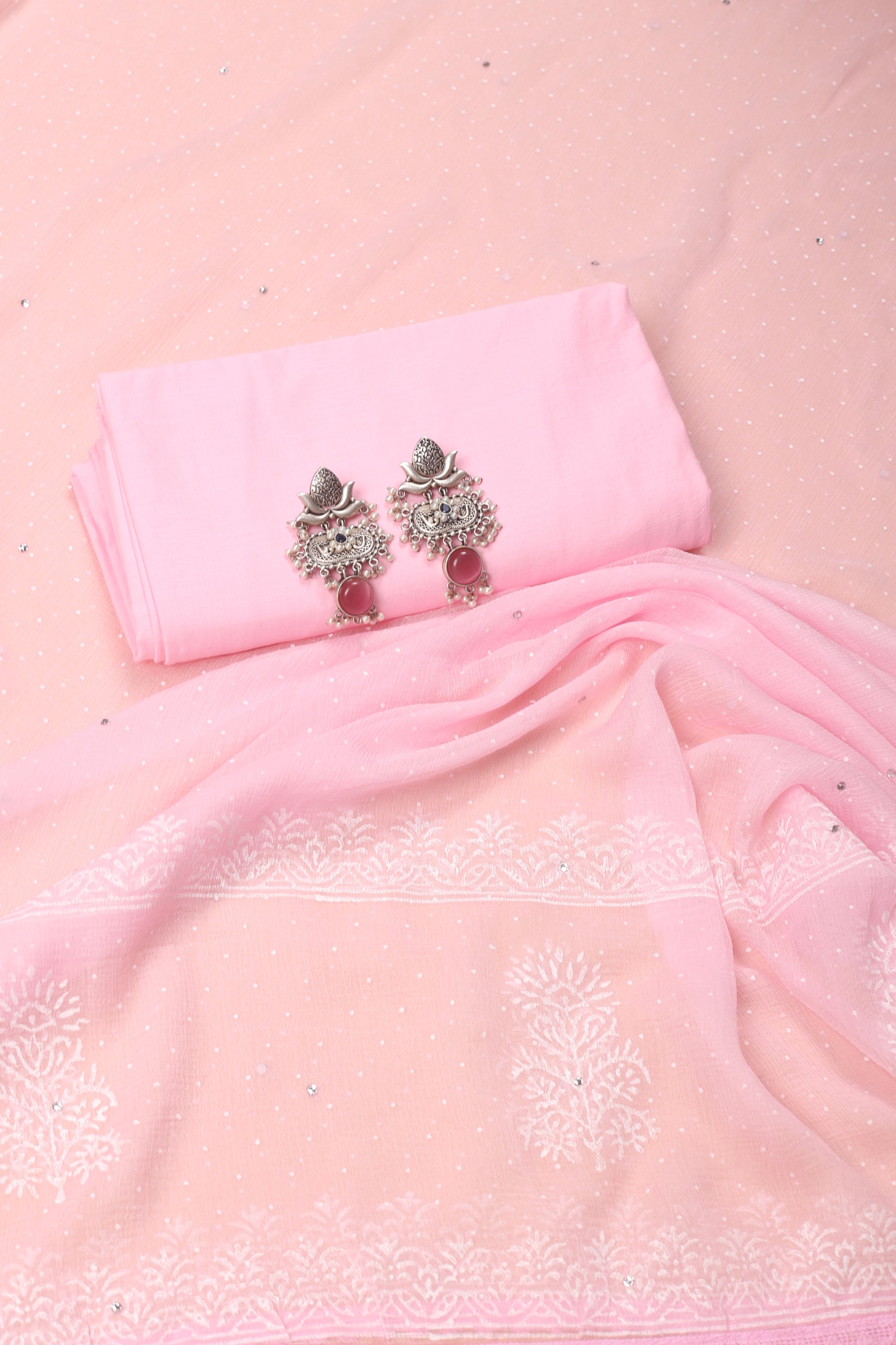 Pink Cotton Suit With Block Print