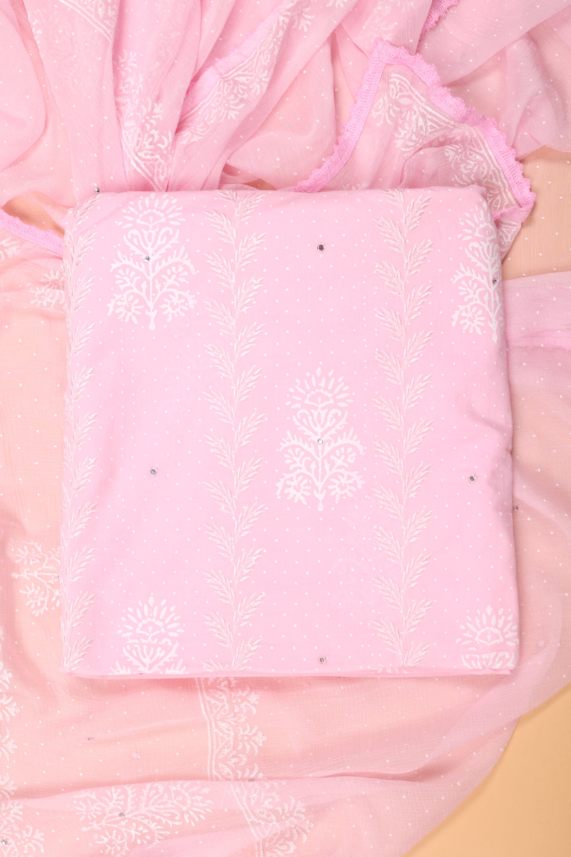 Pink Cotton Suit With Block Print