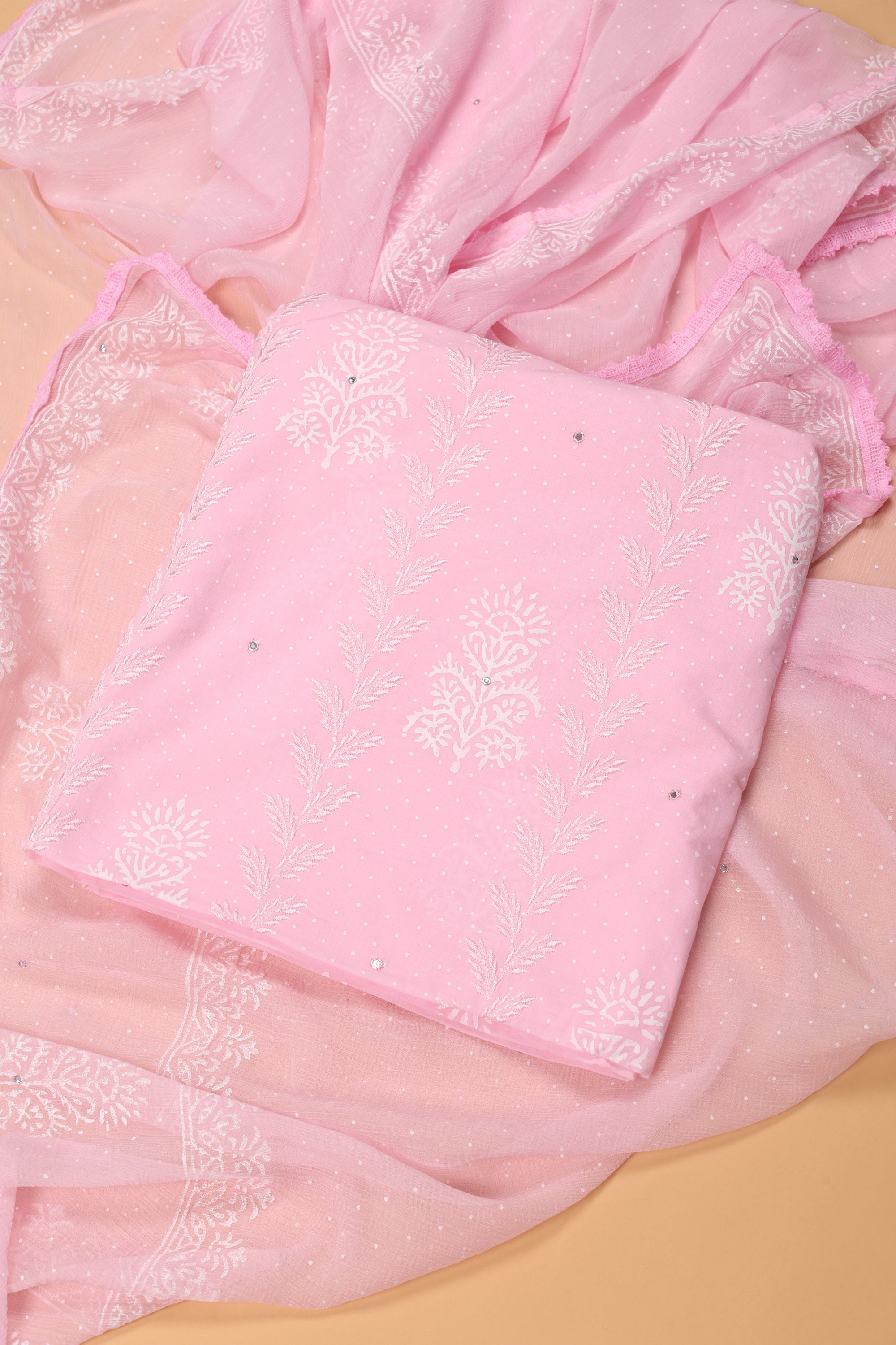 Pink Cotton Suit With Block Print