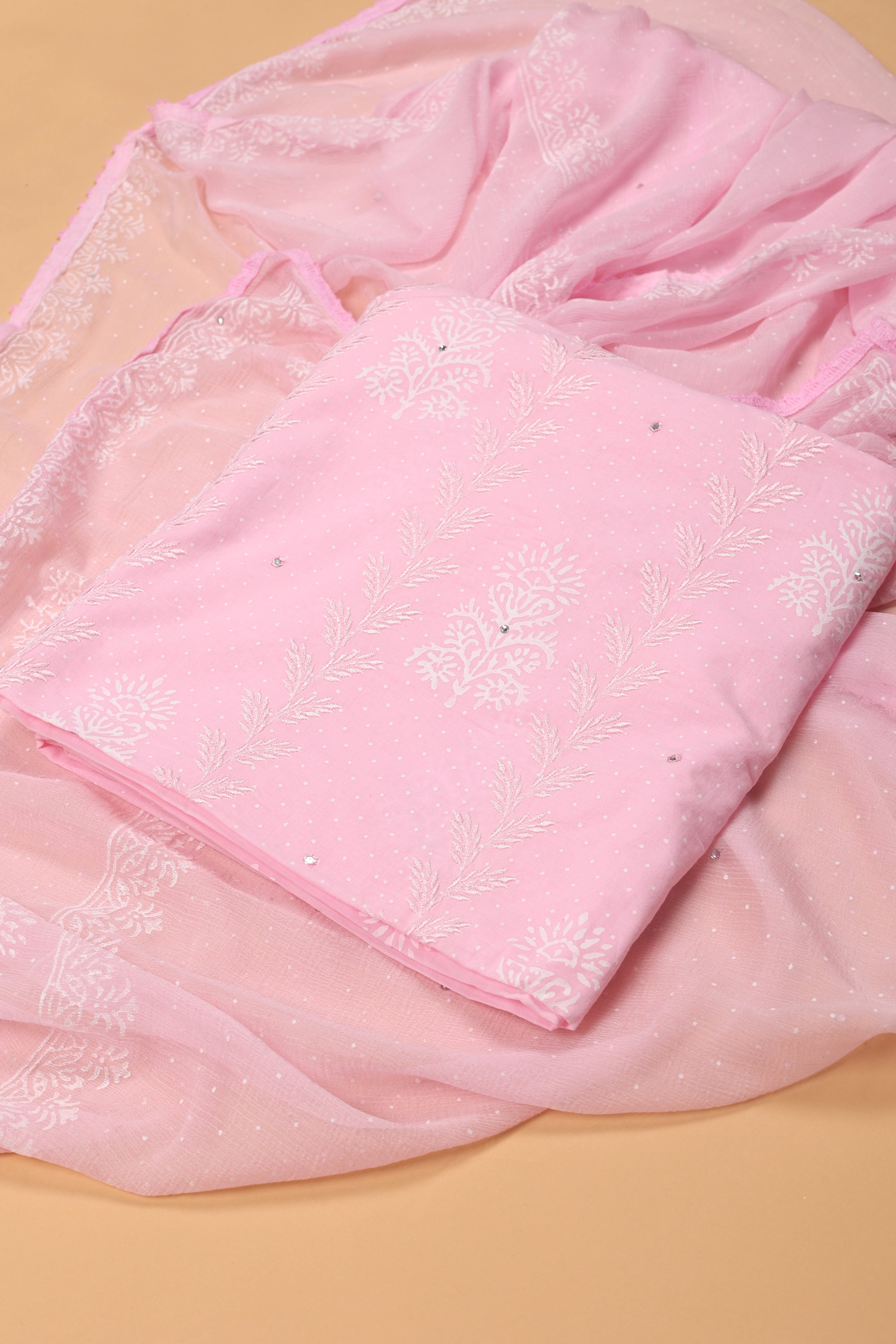 Pink Cotton Suit With Block Print