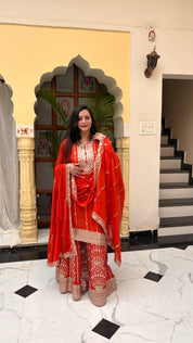 Vibrant Orange Chinon Garara Set with Heavy Gota Patti Work