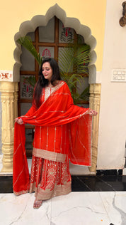Vibrant Orange Chinon Garara Set with Heavy Gota Patti Work