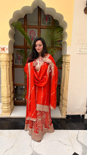 Vibrant Orange Chinon Garara Set with Heavy Gota Patti Work