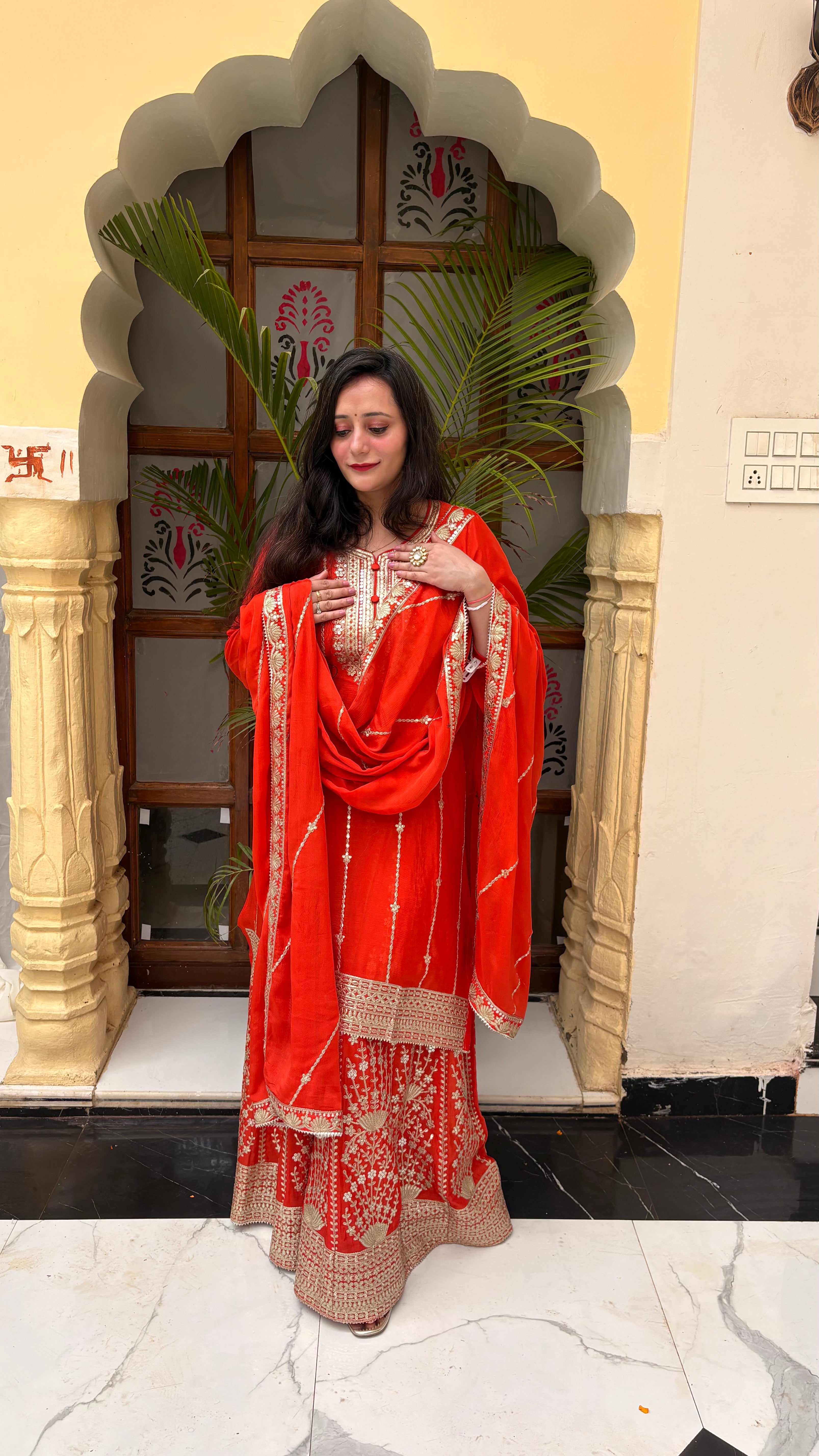 Vibrant Orange Chinon Garara Set with Heavy Gota Patti Work