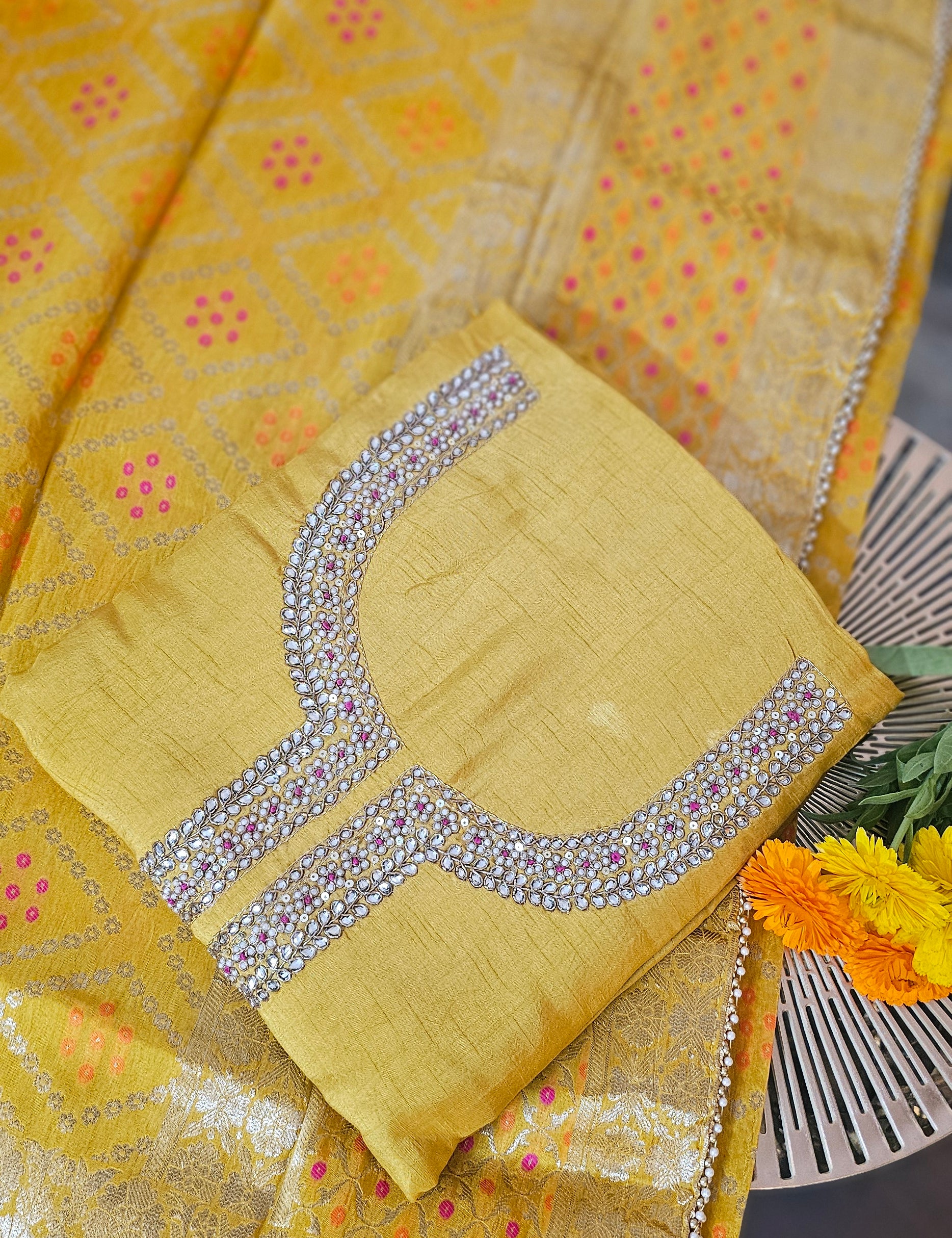 Premium Silk Suit paired with a Traditional Banarasi Dupatta