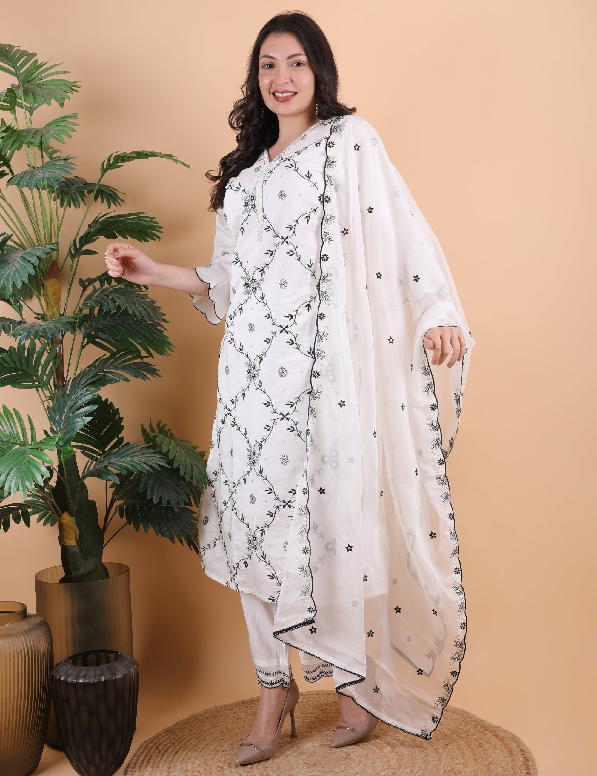 Off White Resham Thread Work Suit