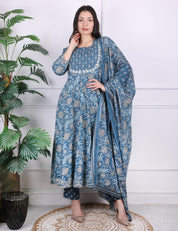 Blue Katdana Mirror Work Kurti Set