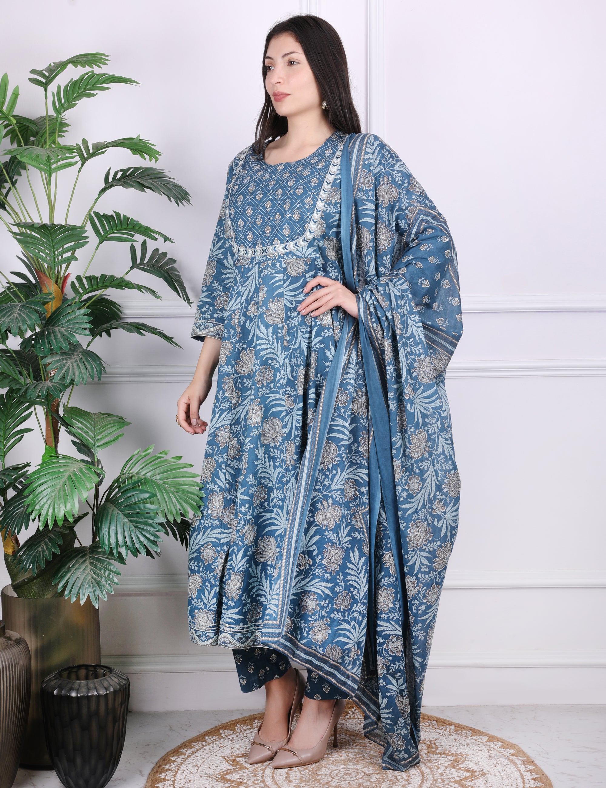Blue Katdana Mirror Work Kurti Set