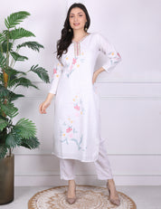 Off White V Neck Kurti Set