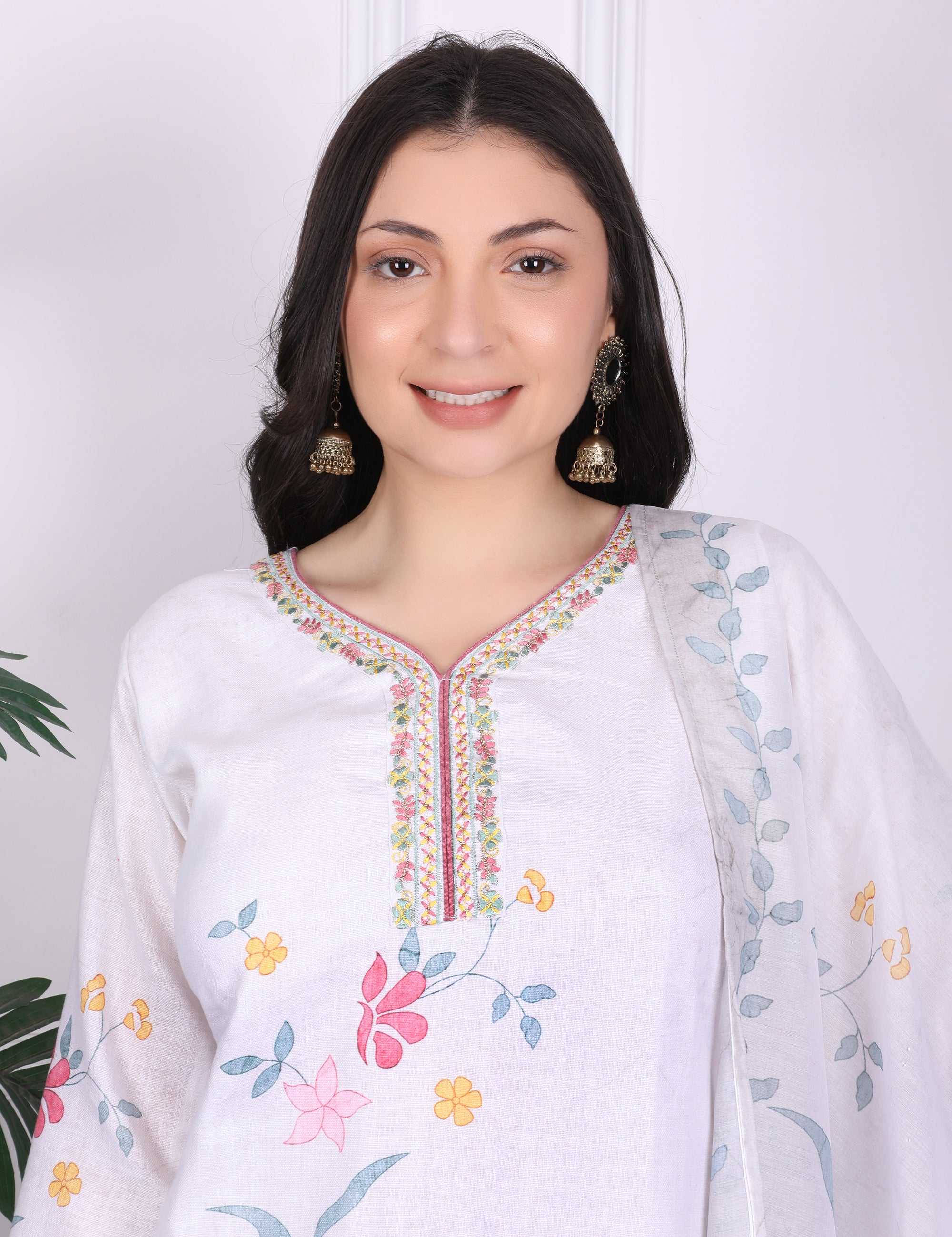 Off White V Neck Kurti Set