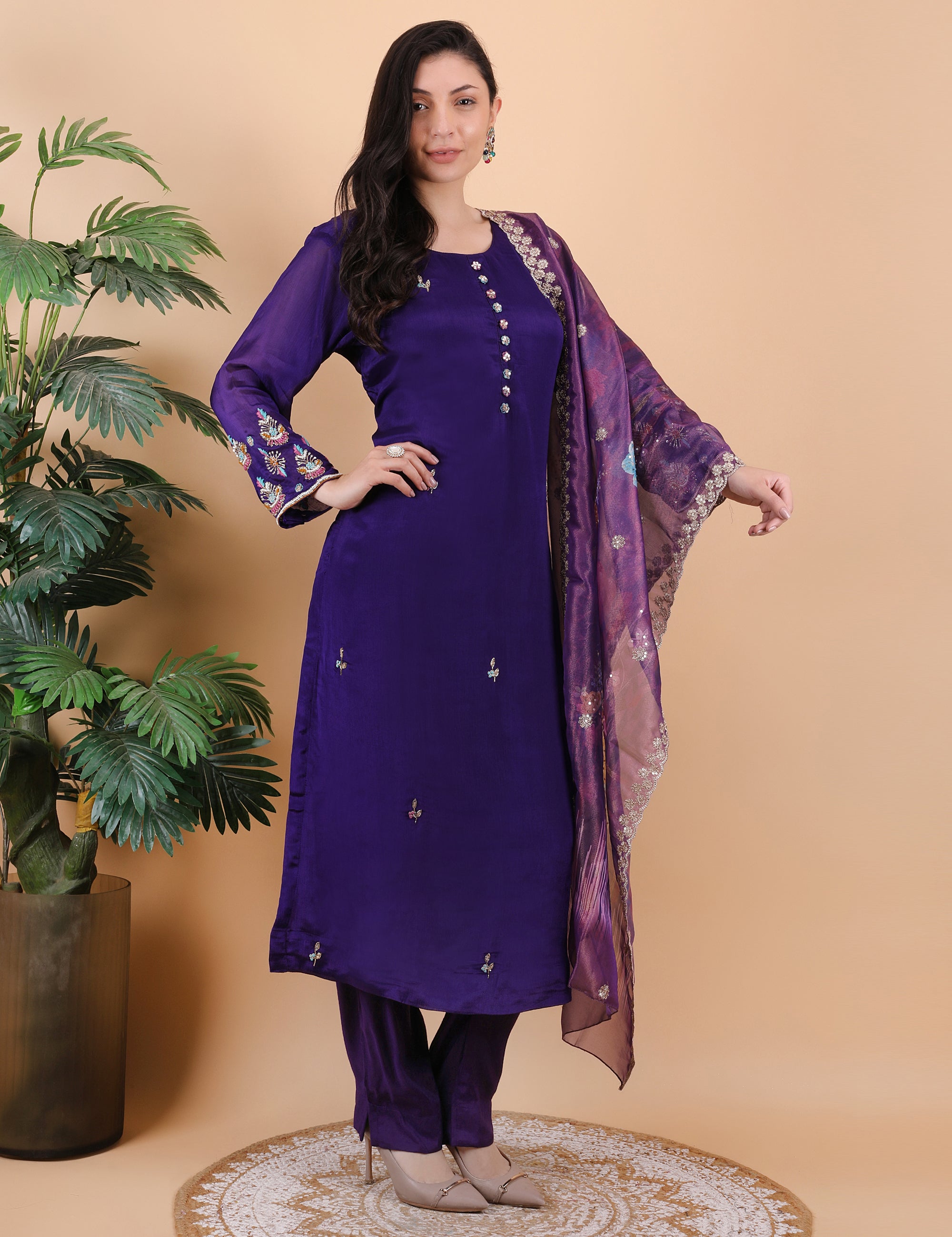 Purple Printed Dupatta Suit