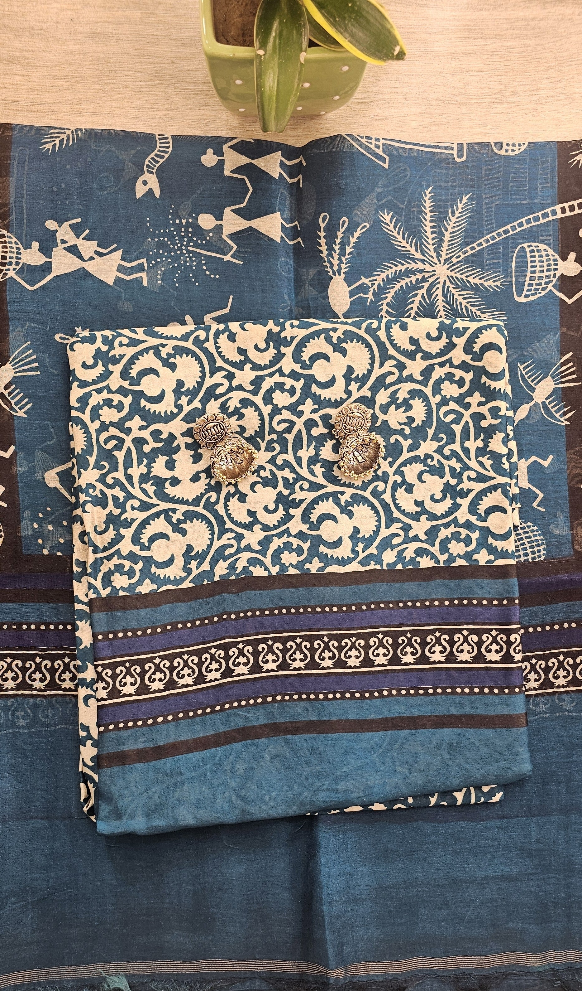Unstitched Chanderi Silk Suit featuring exquisite Ajarakh print.