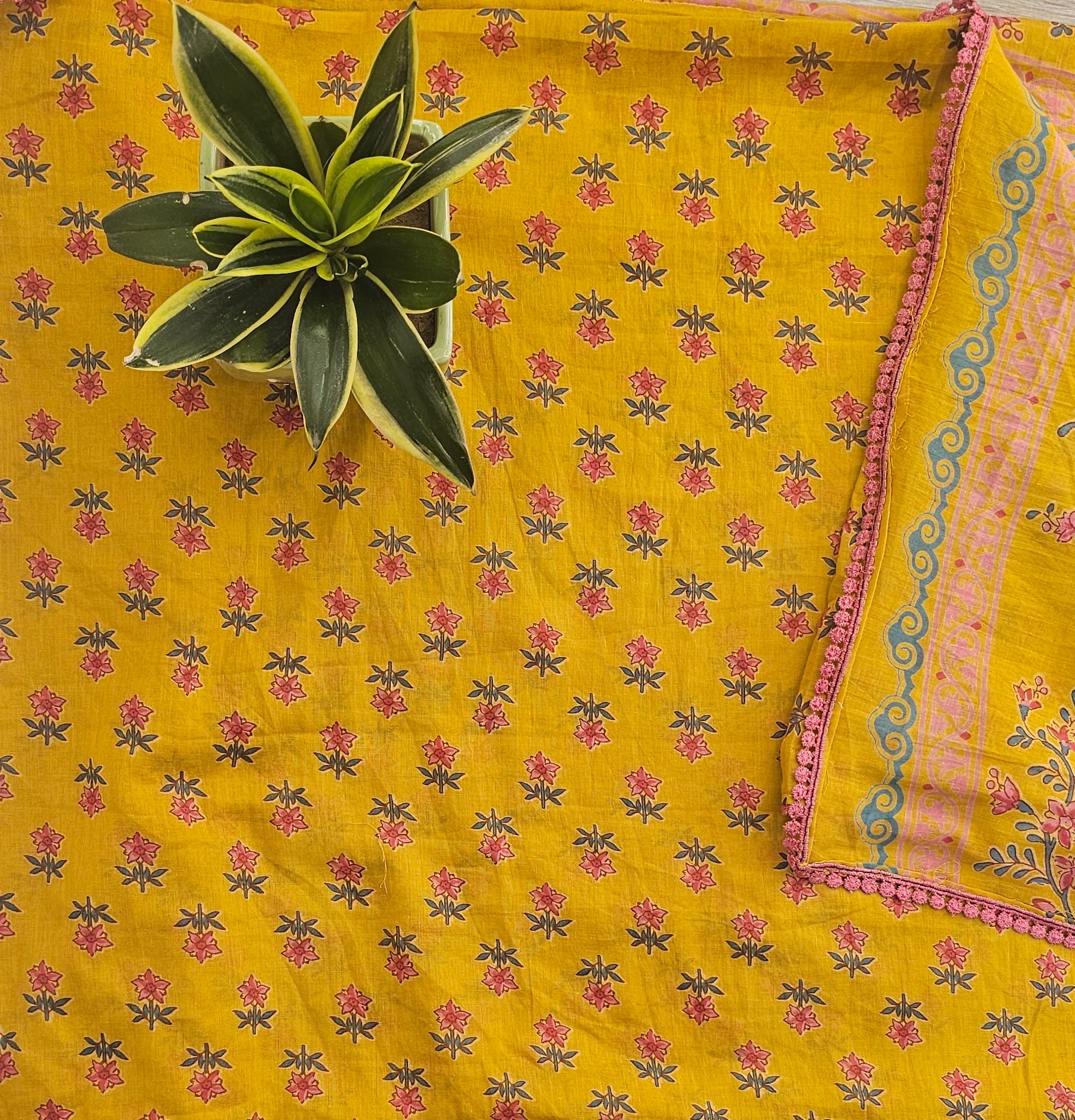 Graceful Cotton Printed Unstitched Suit with Lace Detailing & Elegant Dupatta