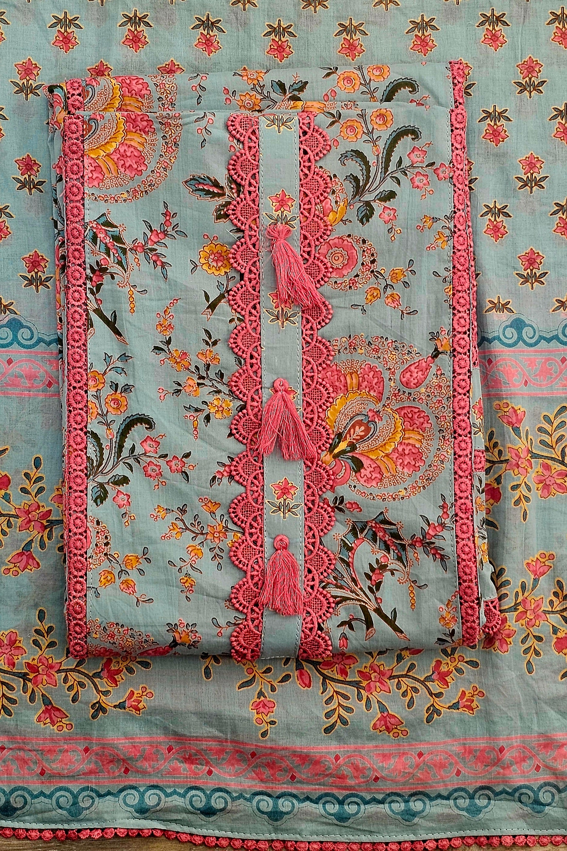 Graceful Cotton Printed Unstitched Suit with Lace Detailing & Elegant Dupatta