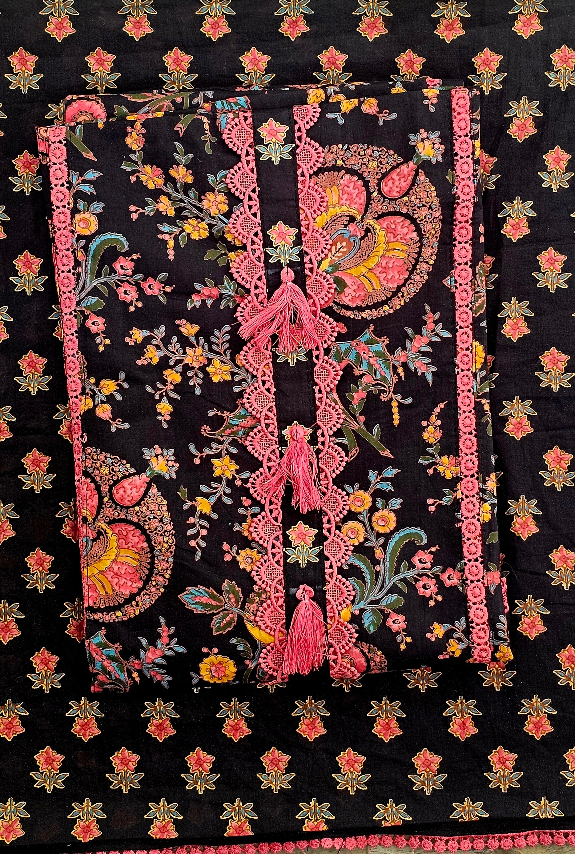 Graceful Cotton Printed Unstitched Suit with Lace Detailing & Elegant Dupatta