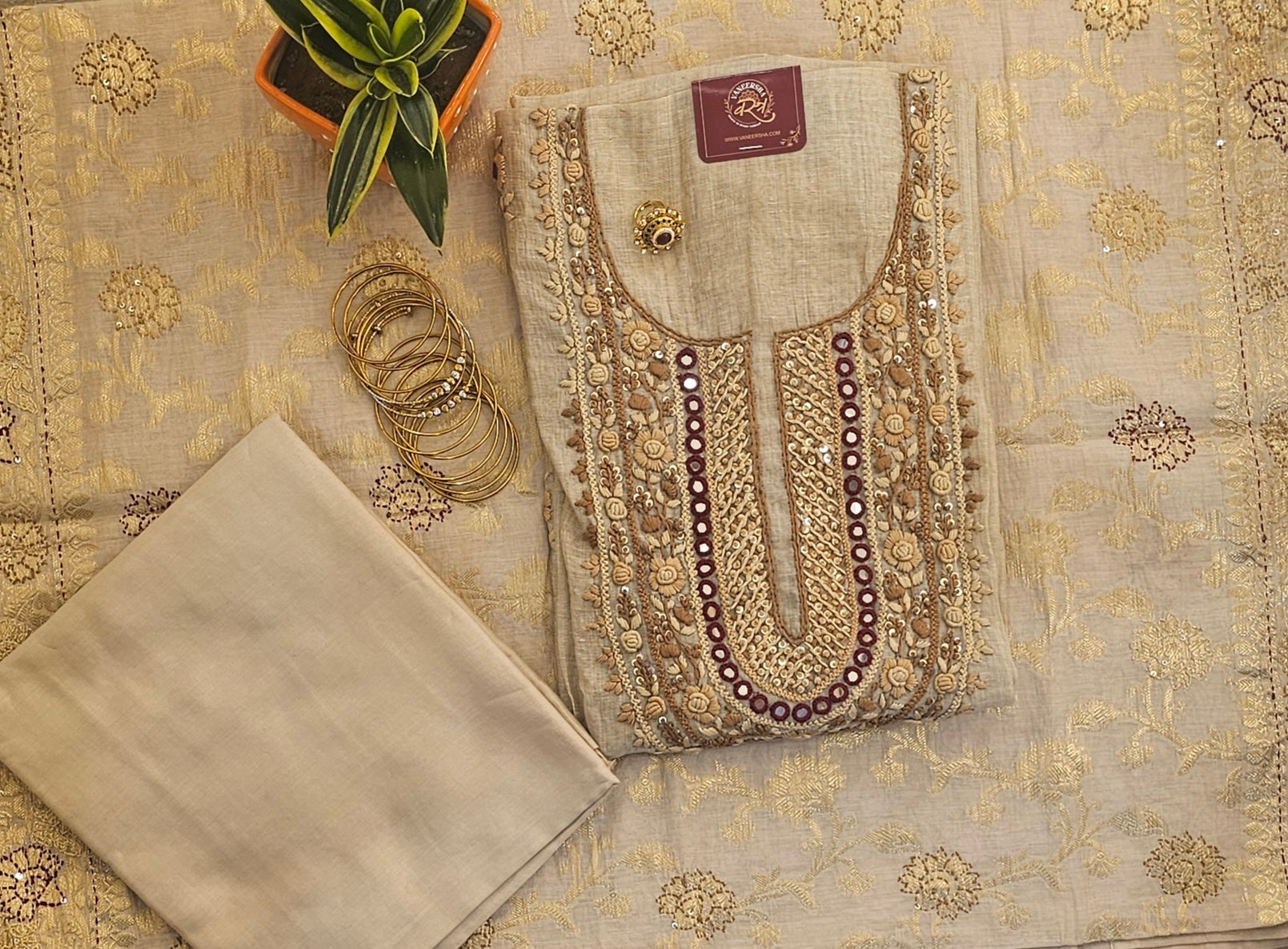 Premium Mal Chanderi Suit with Mirror & Kantha Work & Banarasi Dupatta