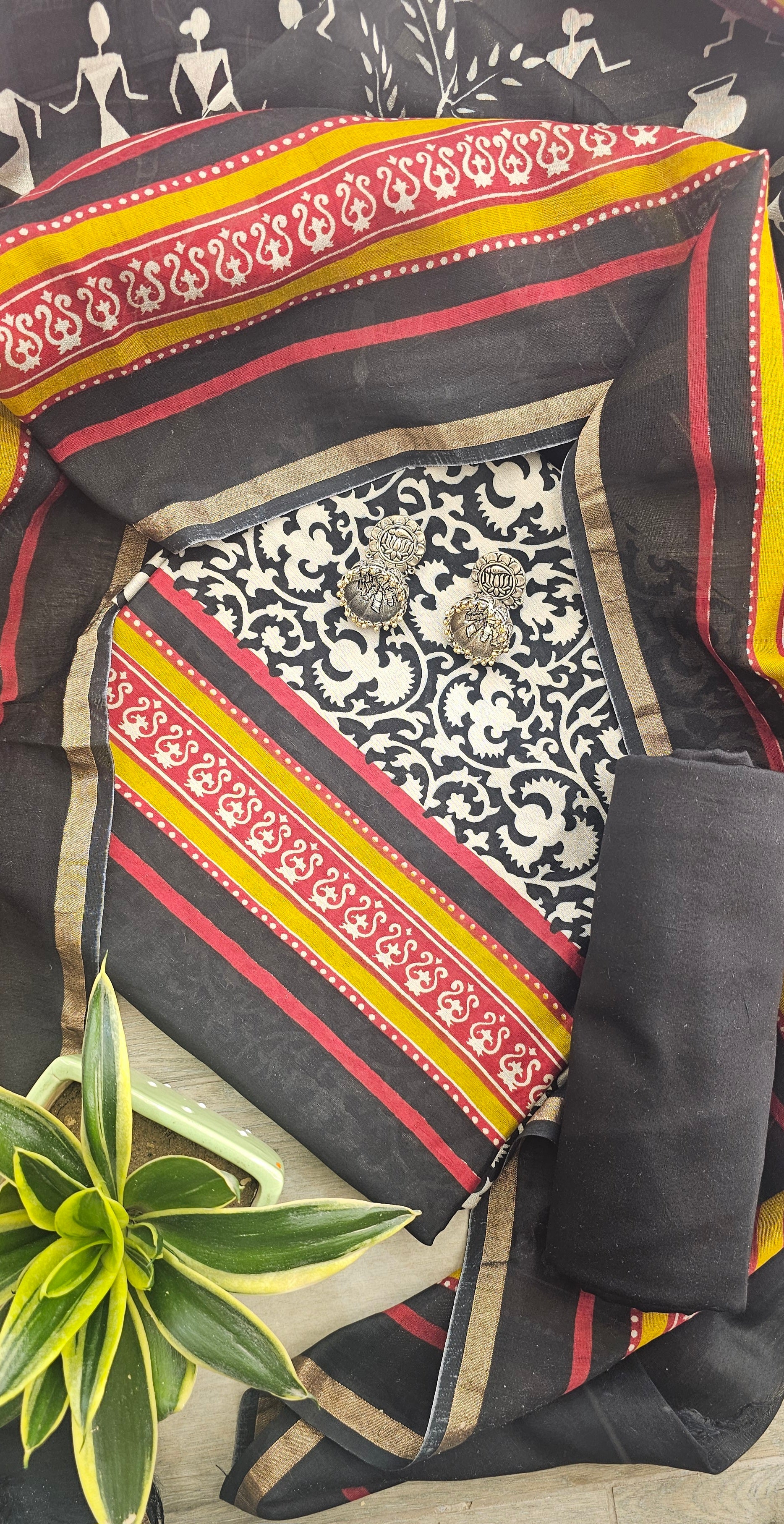 Unstitched Chanderi Silk Suit featuring exquisite Ajarakh print.