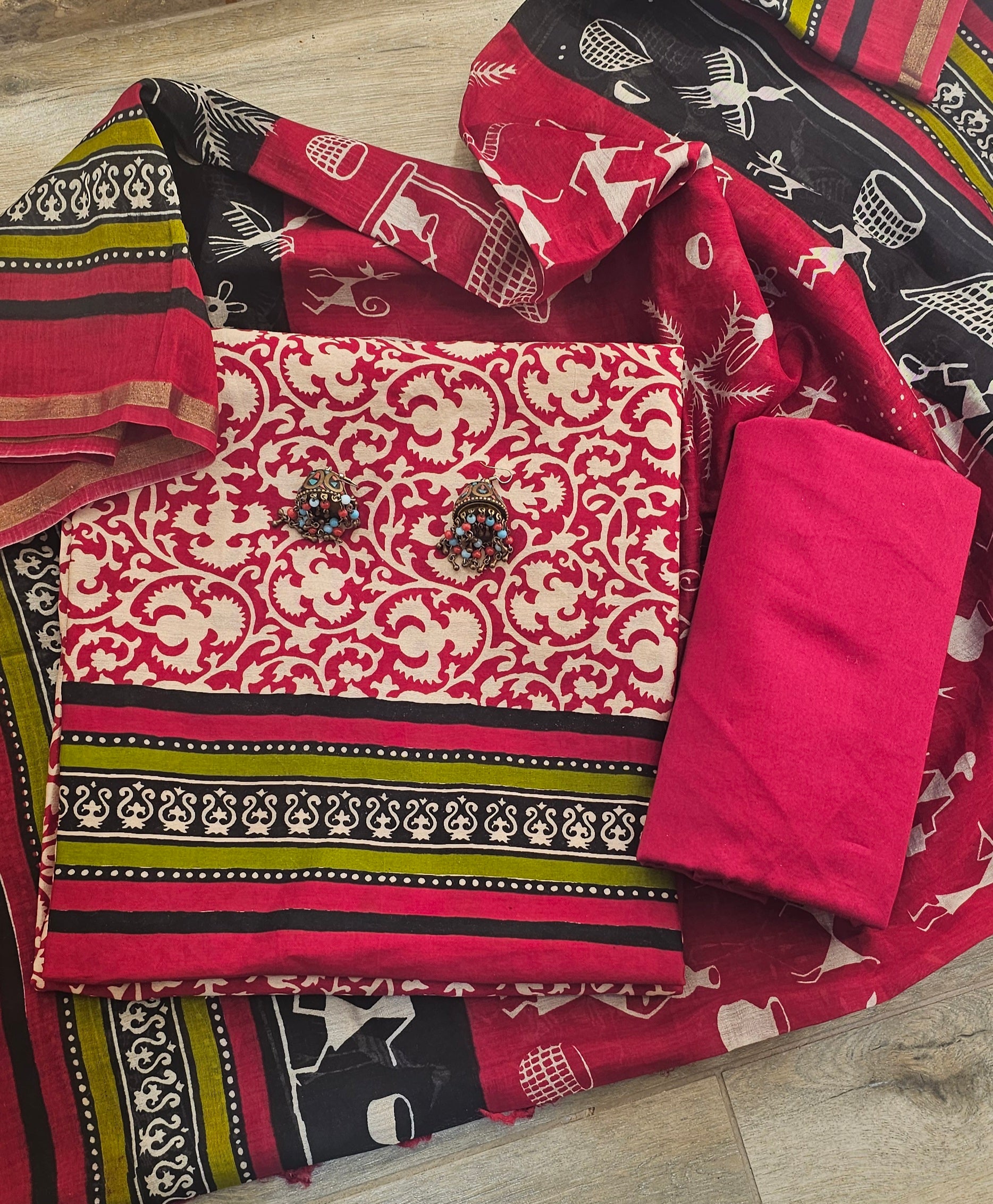 Unstitched Chanderi Silk Suit featuring exquisite Ajarakh print.