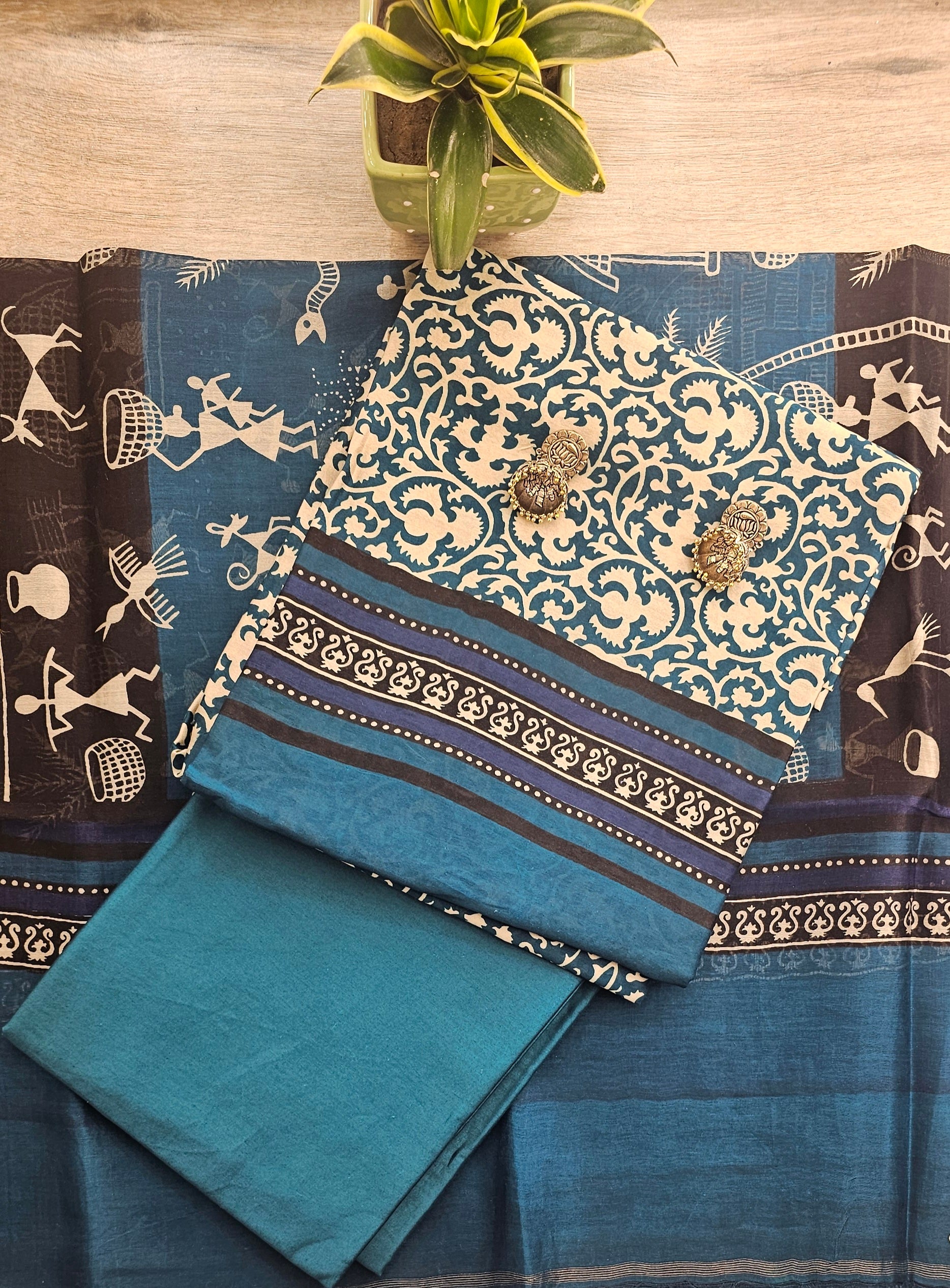 Unstitched Chanderi Silk Suit featuring exquisite Ajarakh print.