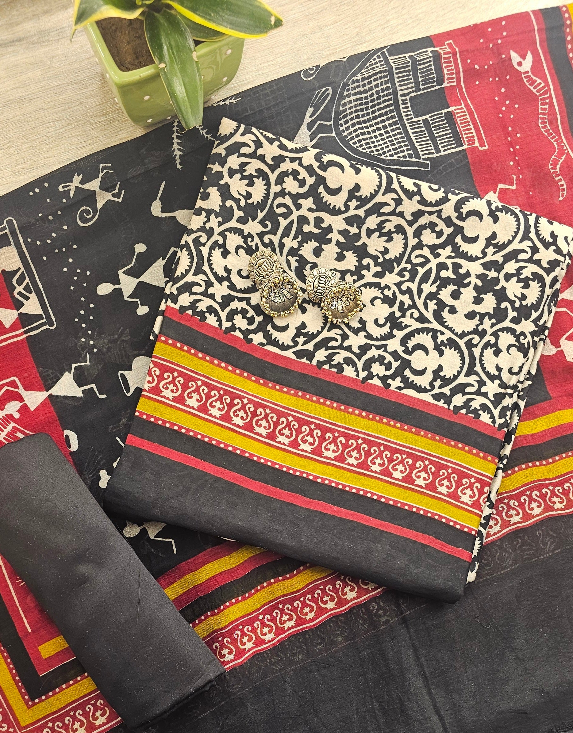Unstitched Chanderi Silk Suit featuring exquisite Ajarakh print.