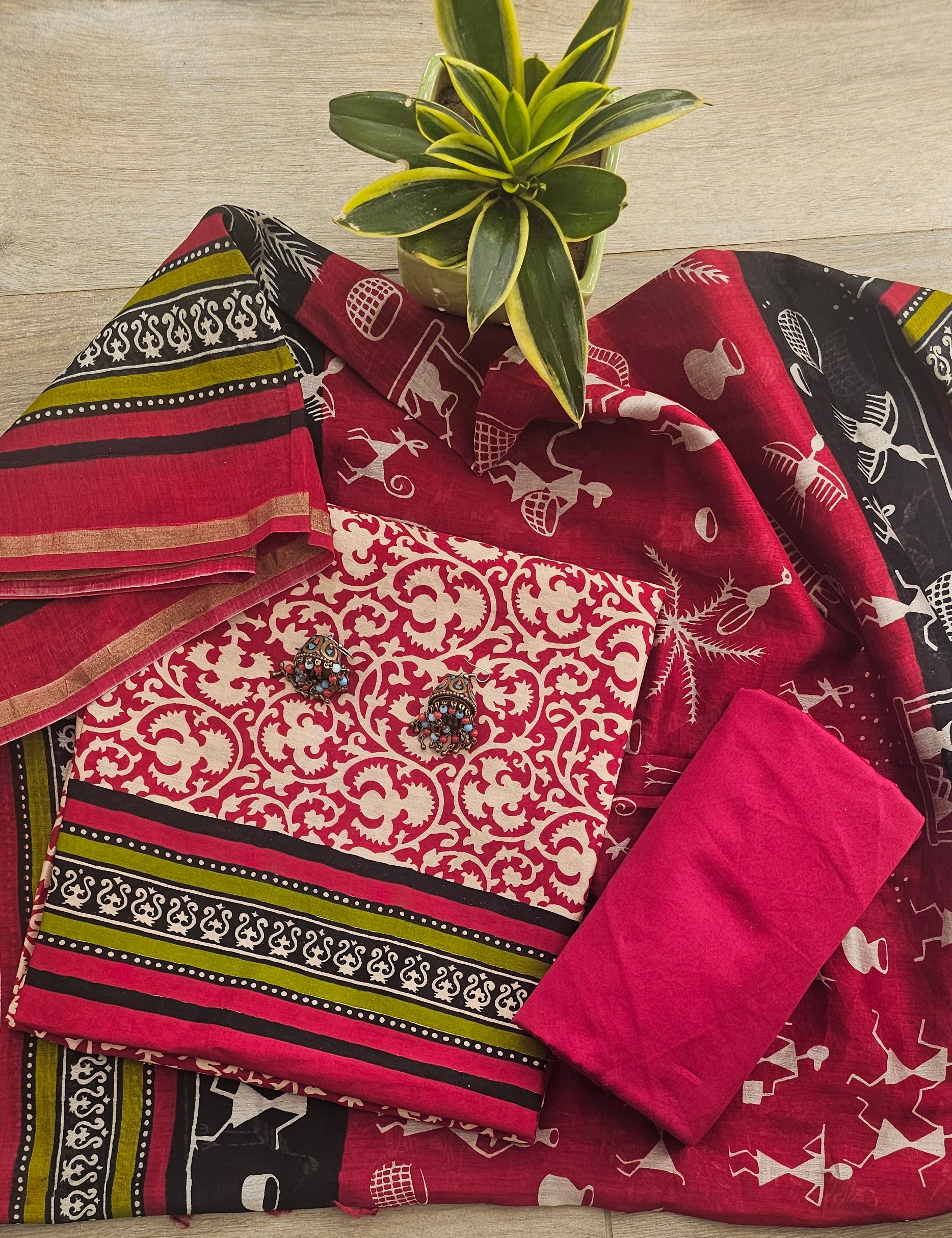 Unstitched Chanderi Silk Suit featuring exquisite Ajarakh print.