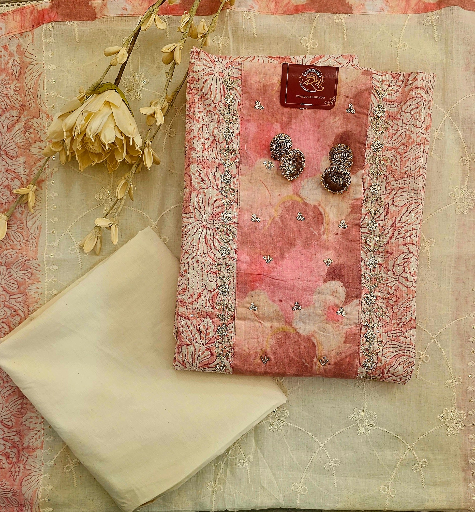 Elegant Cotton Unstitched Suit with Zari & Sequin Work