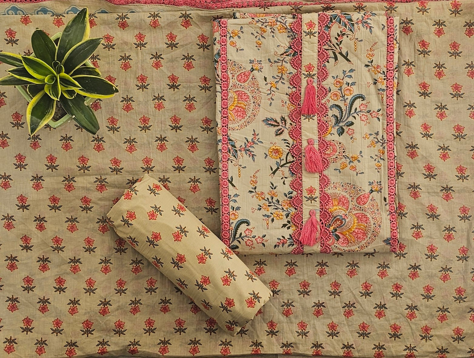 Graceful Cotton Printed Unstitched Suit with Lace Detailing & Elegant Dupatta
