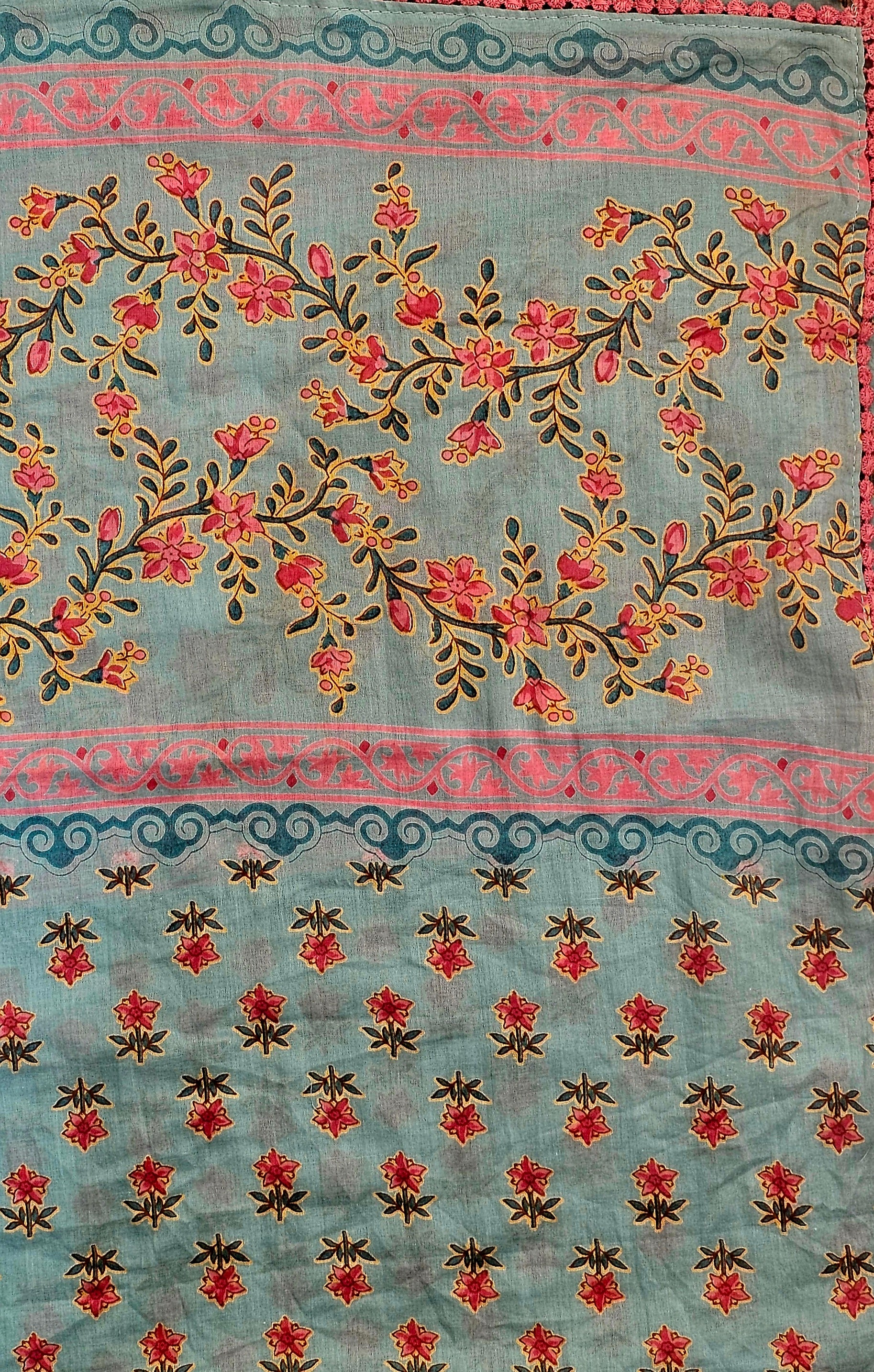 Graceful Cotton Printed Unstitched Suit with Lace Detailing & Elegant Dupatta