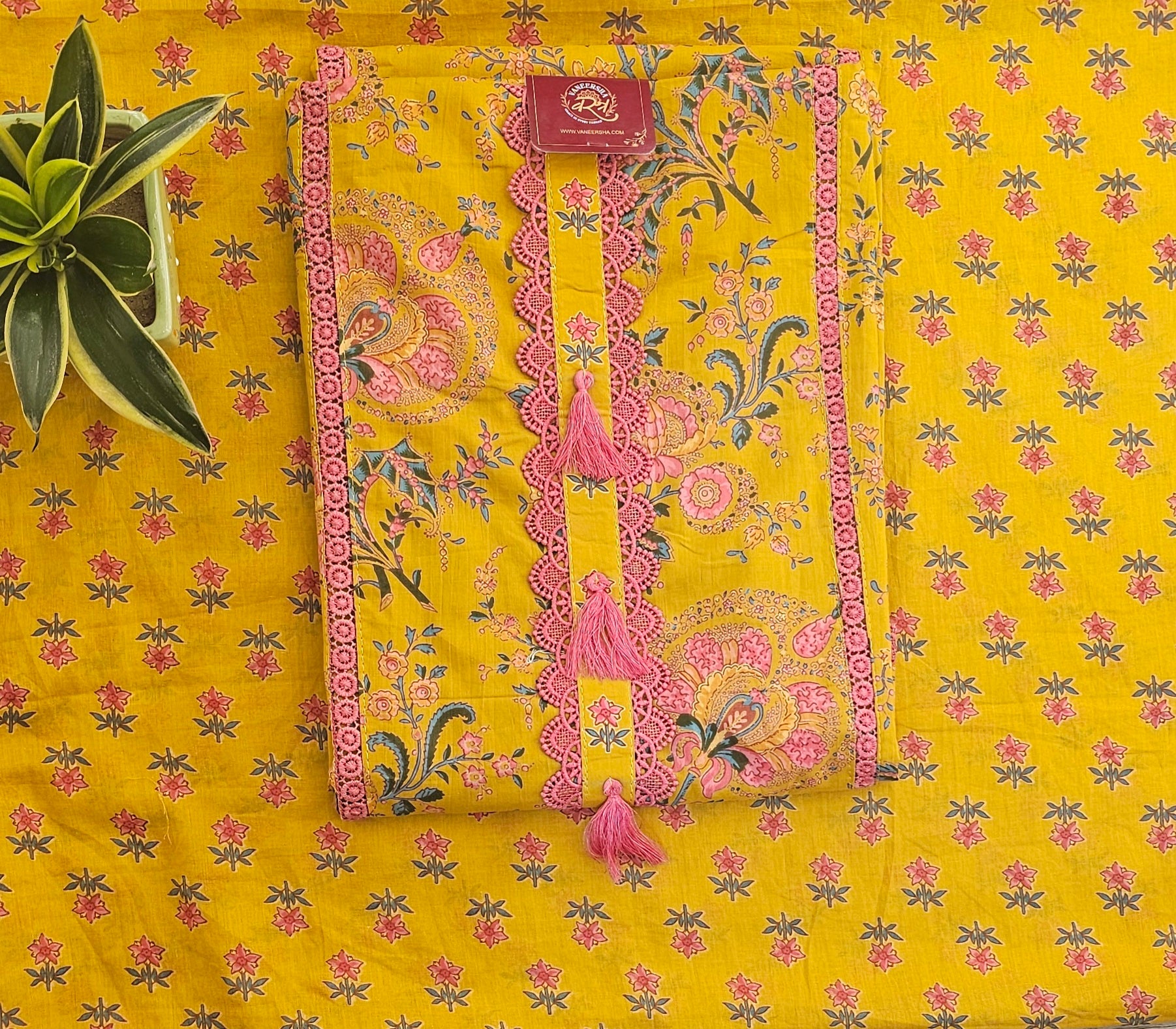 Graceful Cotton Printed Unstitched Suit with Lace Detailing & Elegant Dupatta
