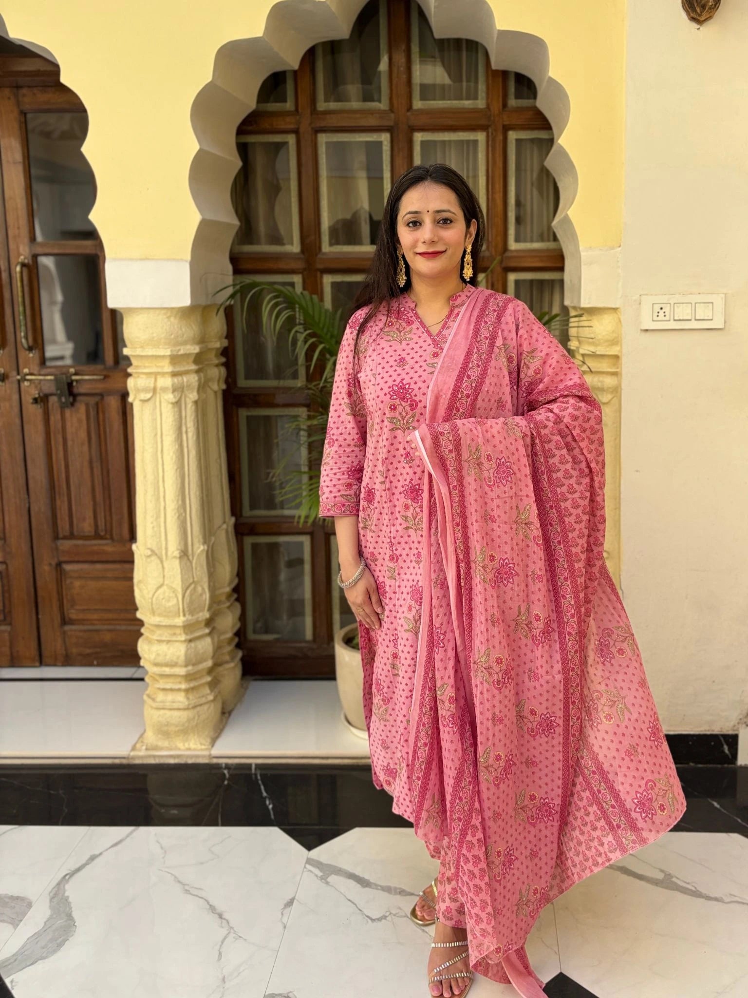 Pink Printed Cotton Kurti Set