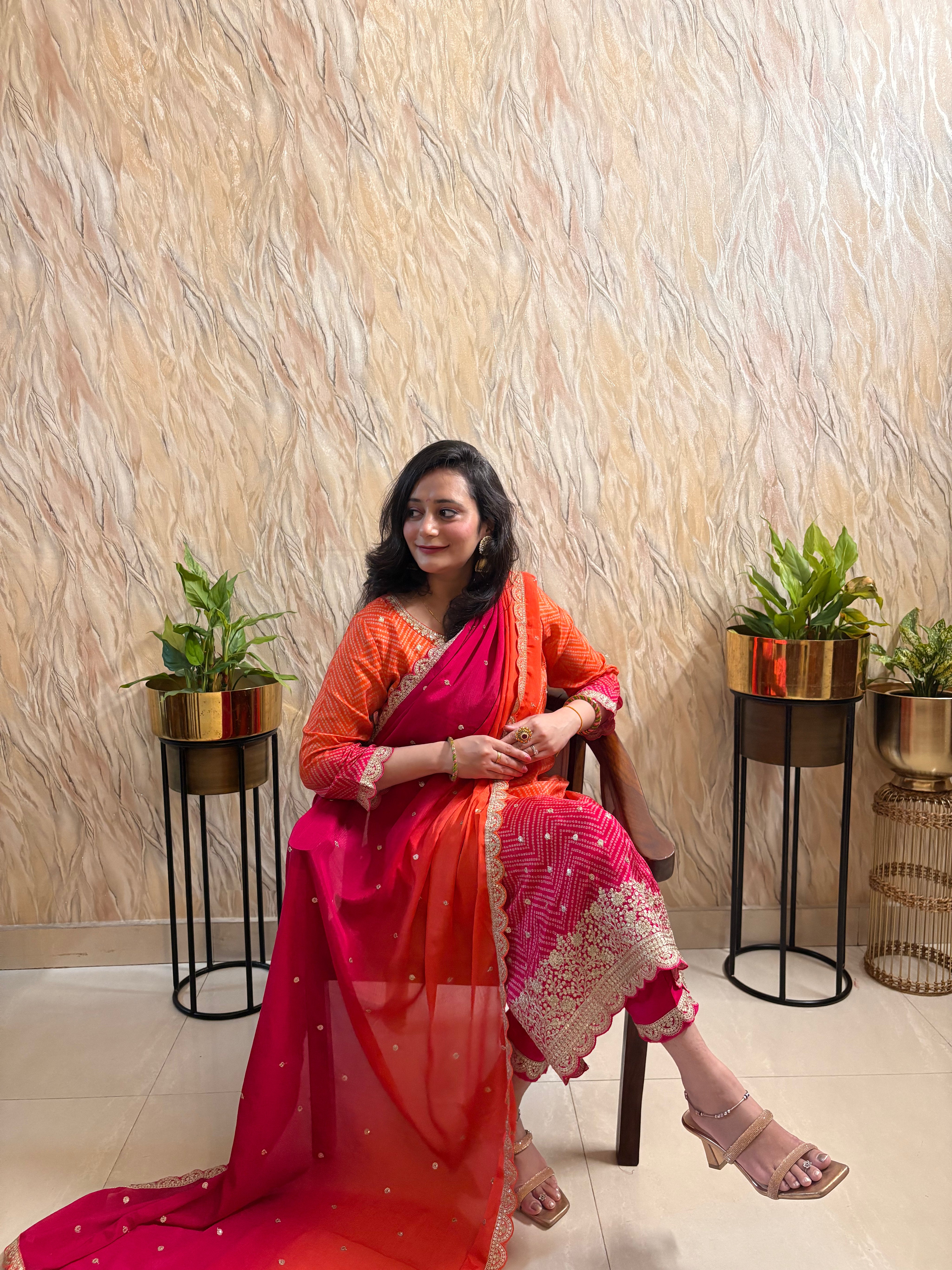 Bandhej Printed Double-Shade Straight suit in Dola Silk with Sequin Work