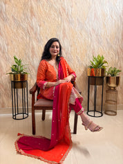 Bandhej Printed Double-Shade Straight suit in Dola Silk with Sequin Work