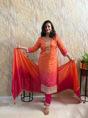 Bandhej Printed Double-Shade Straight suit in Dola Silk with Sequin Work