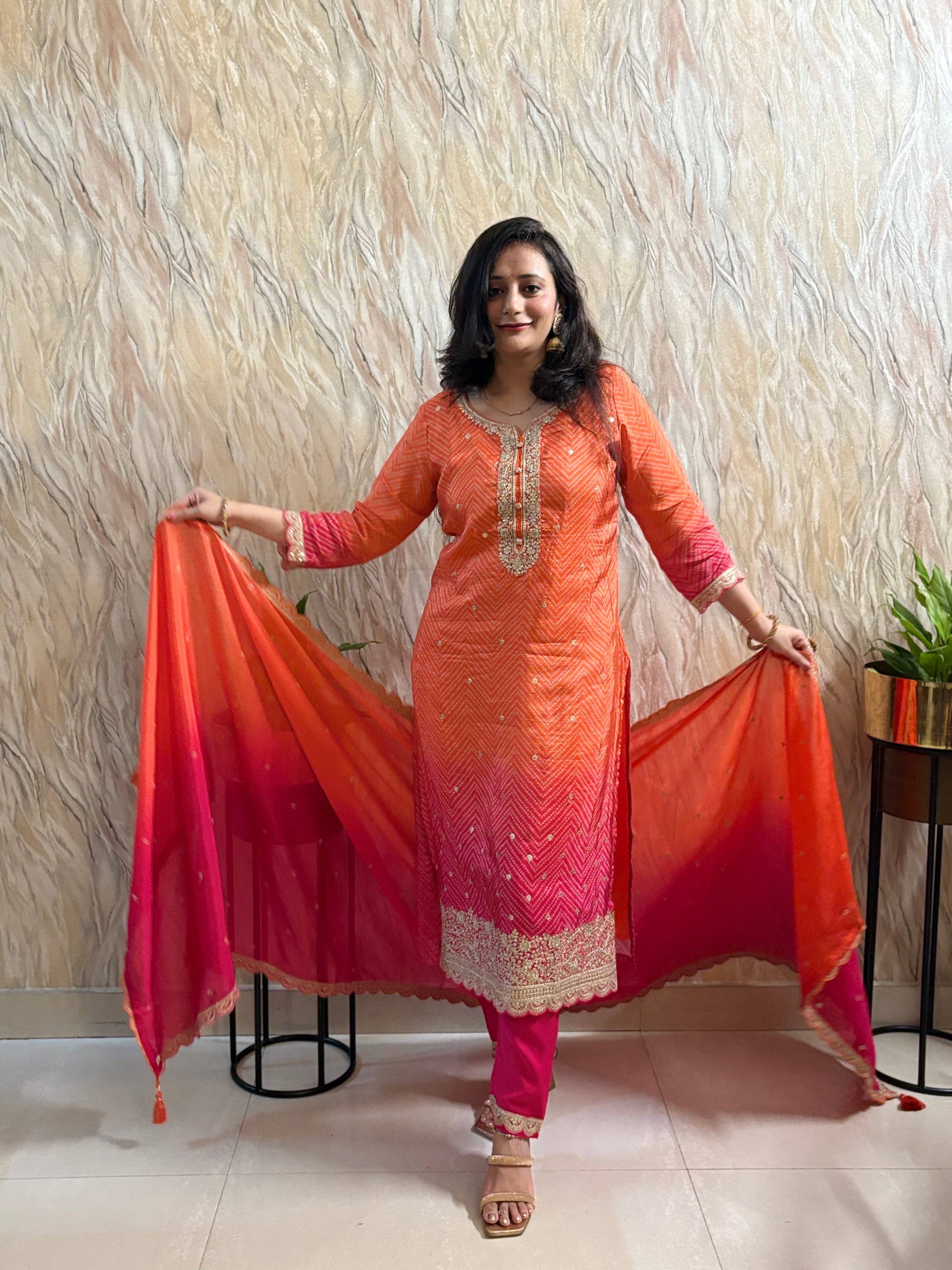 Bandhej Printed Double-Shade Straight suit in Dola Silk with Sequin Work