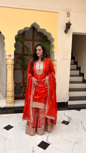 Vibrant Orange Chinon Garara Set with Heavy Gota Patti Work