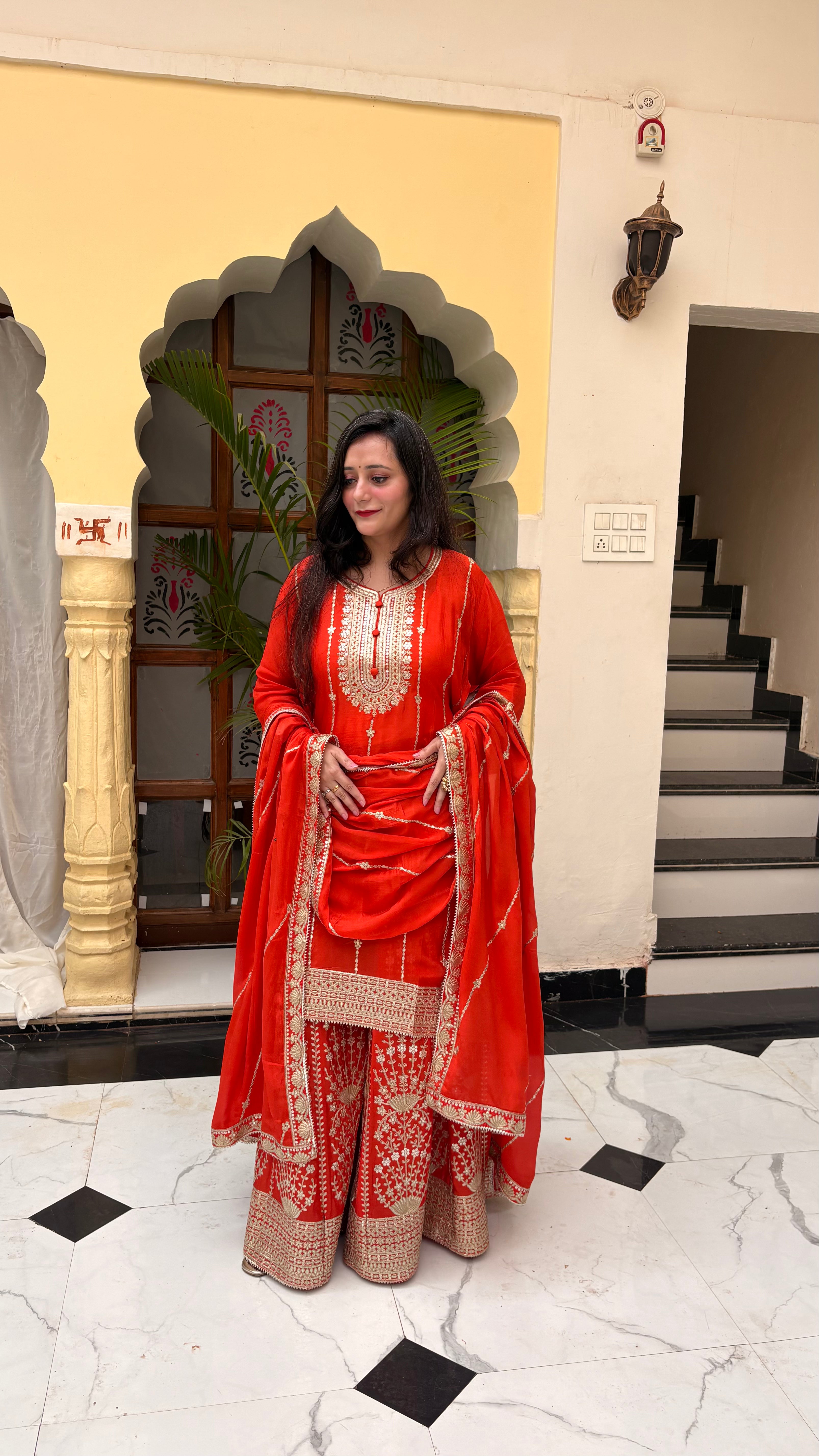Vibrant Orange Chinon Garara Set with Heavy Gota Patti Work