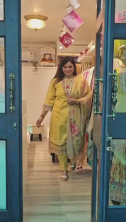 Elegant A-Line Cotton Kurta Set with Embroidery & Printed Tissue Linen Dupatta