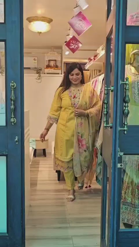 Elegant A-Line Cotton Kurta Set with Embroidery & Printed Tissue Linen Dupatta